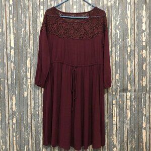 TORRID LACE INSET TIE WAIST SKATER DRESS  DEEP MERLOT SIZE 0
